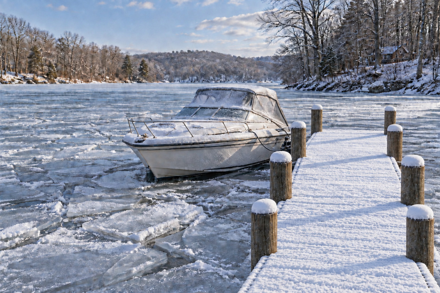 Illustration of a snow-covered boat and dock surrounded by lake ice